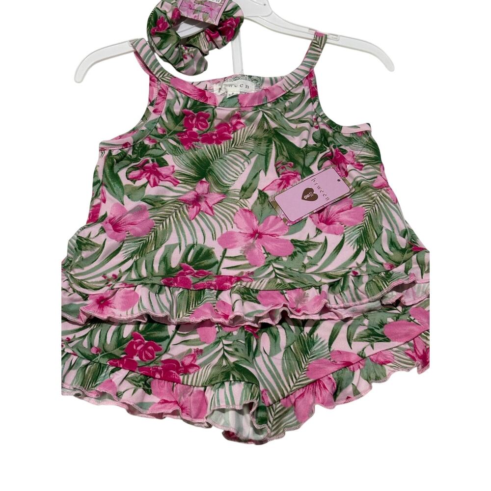 Btween 8 floral pajamas pj’s loungewear set pink tropical floral w/scrunchie nwt